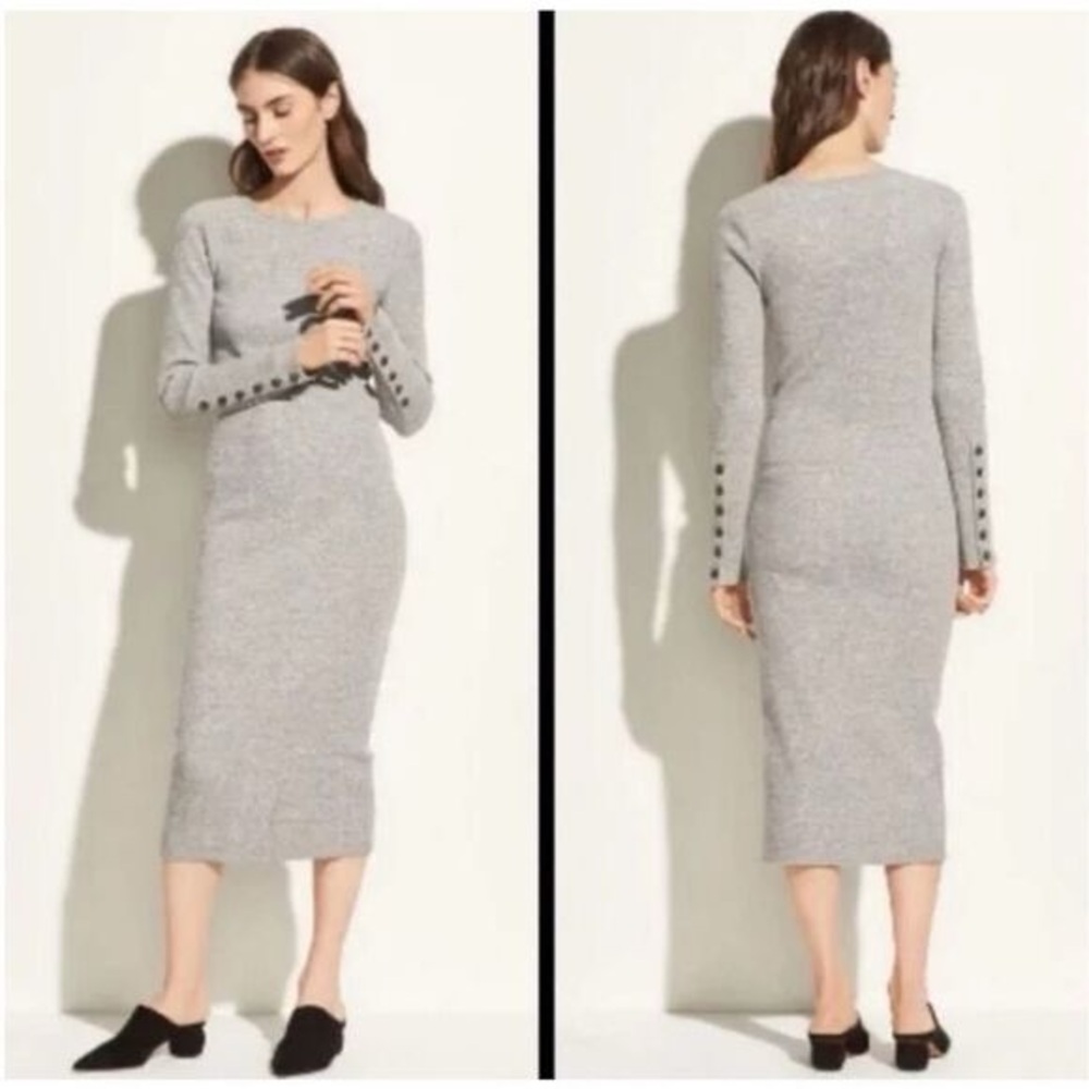Vince Ribbed Knit Sweater Dress Grey Button Detail Midi Dress XS - Picture 2 of 10